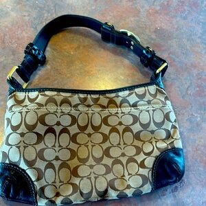tan bag with black and gold buckle strap